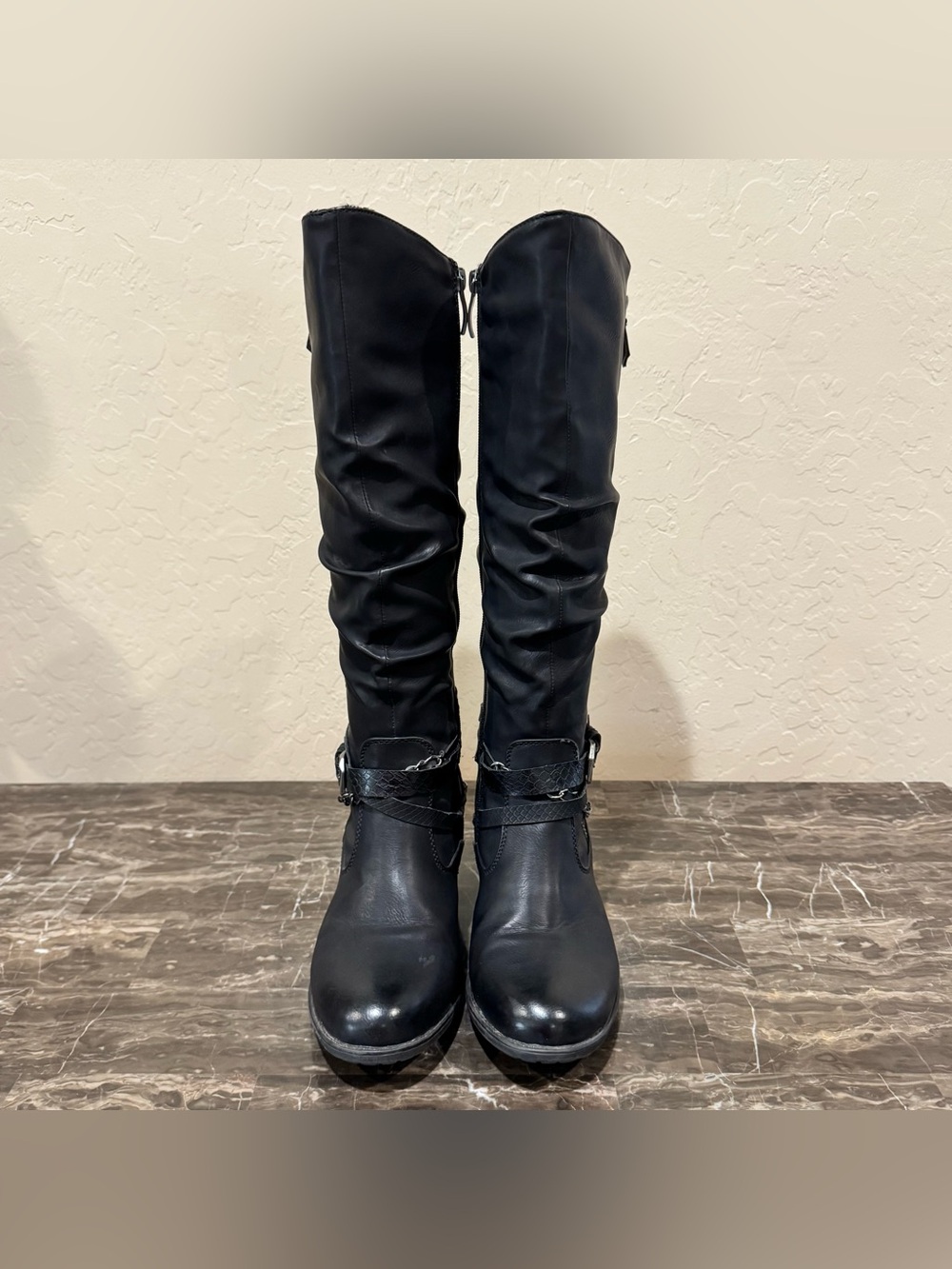 Spring Step Faux Leather Chain Belted Moto Riding Boots - Picture 6 of 12